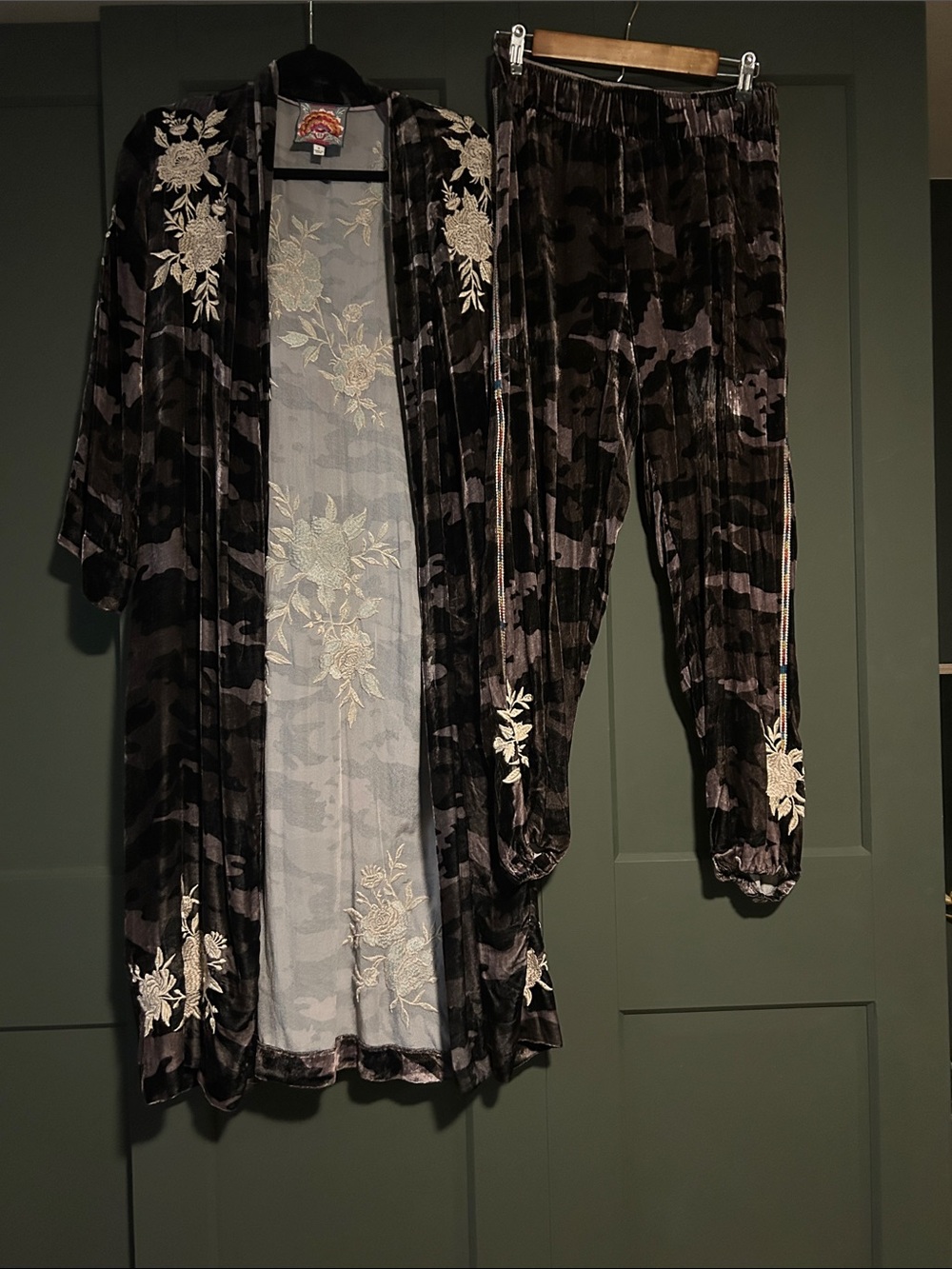 Johnny Was Black Velvet Embroidered Kimono Coat and Pant Set